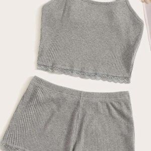 Ribbed Knit Contrast Lace PJ Set Grey / L